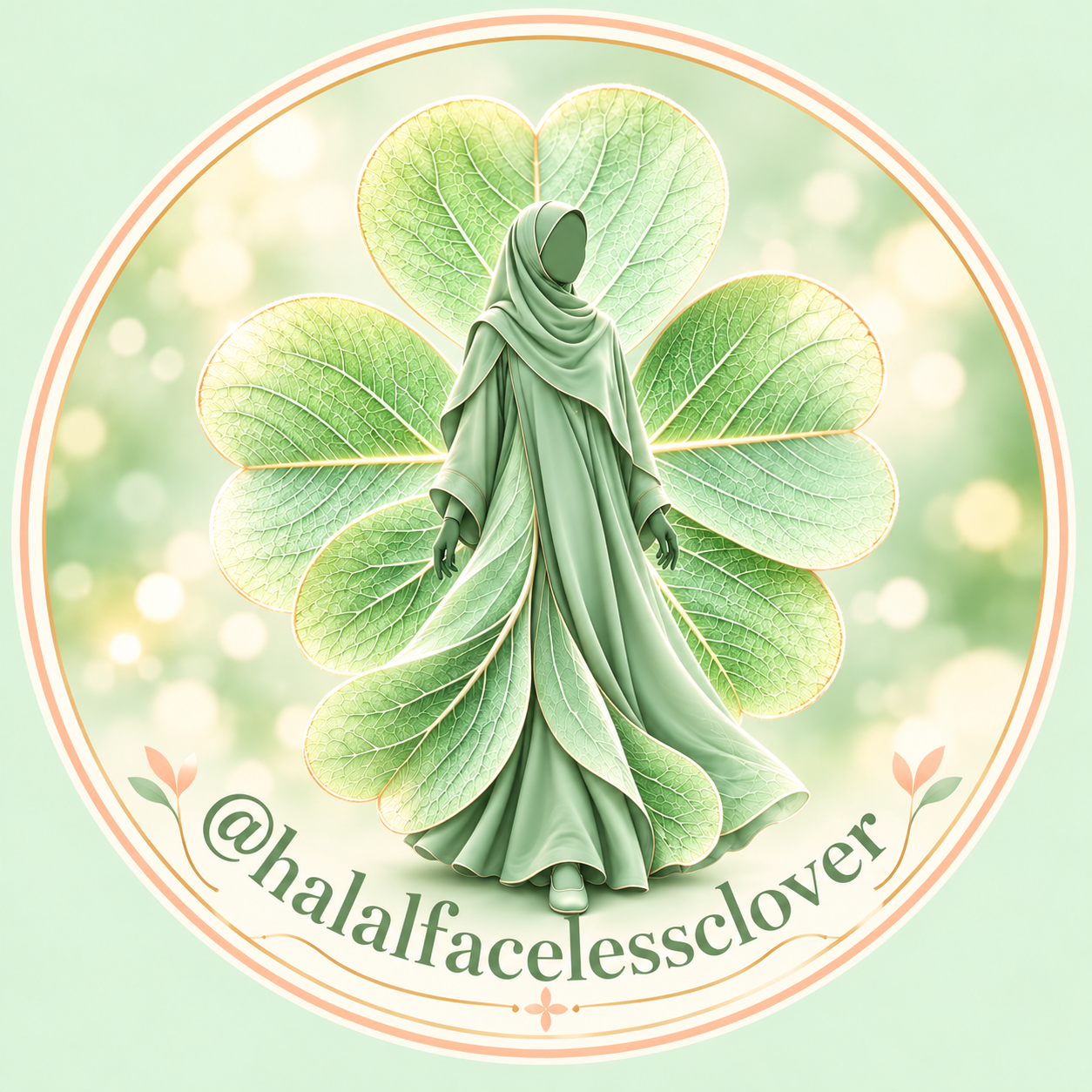 Halal Faceless Clover emblem with a modest faceless woman in pale mint hijab and a botanical clover