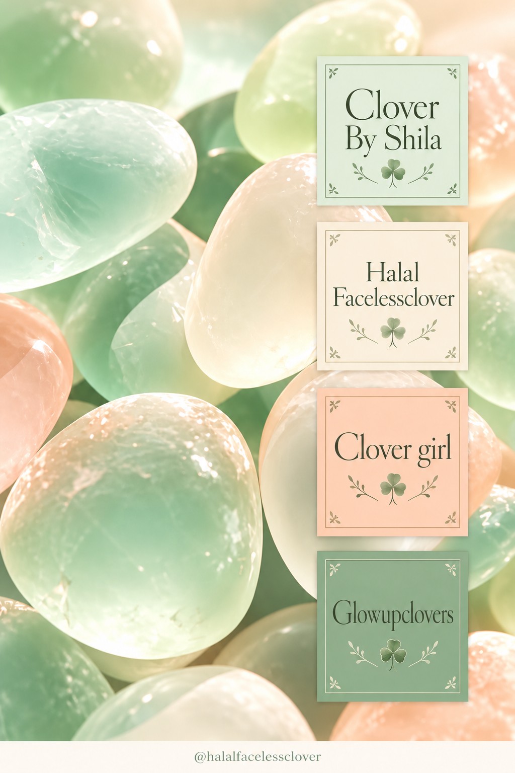 Clover By Shila, Halal Facelessclover, Clover girl and Glowupclovers on mint and melon brand cards