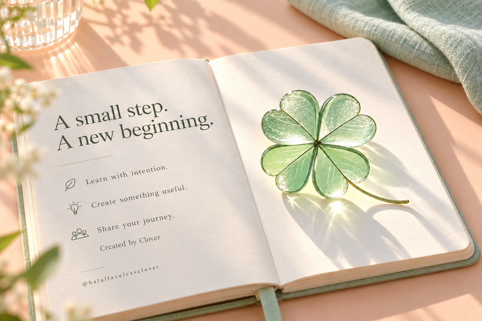 Mint glass clover on a notebook with an intentional plan for a new beginning