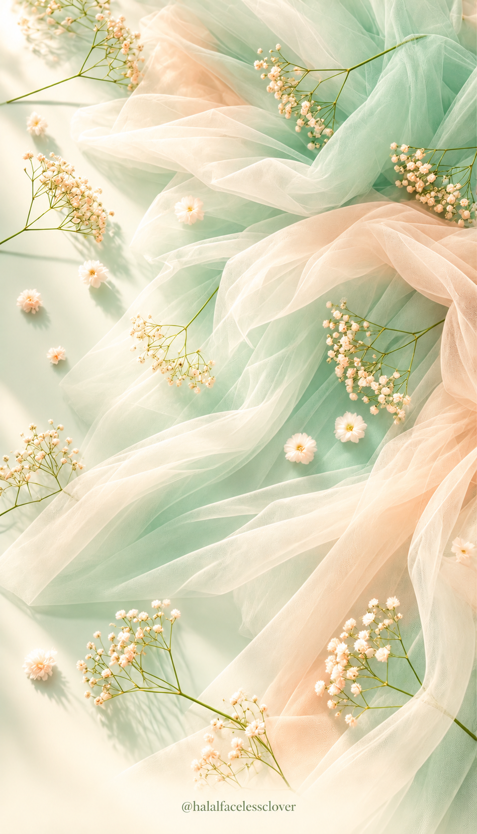 Mint tulle with delicate white flowers, branded @halalfacelessclover
