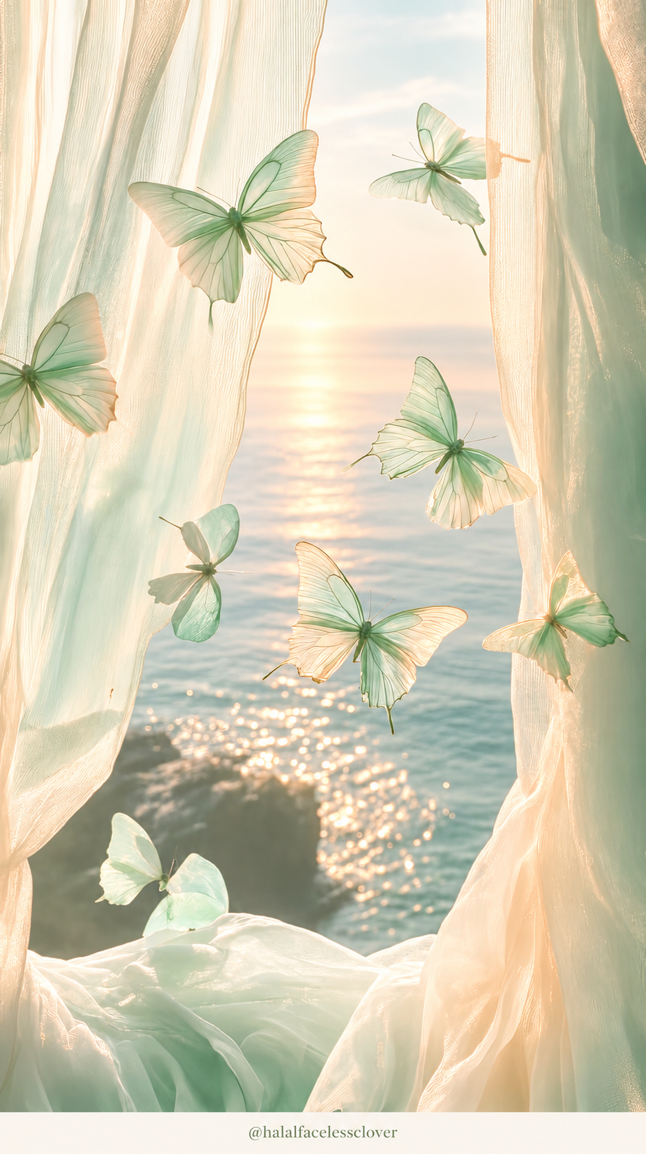 Mint butterflies beside sheer curtains and ocean, branded @halalfacelessclover