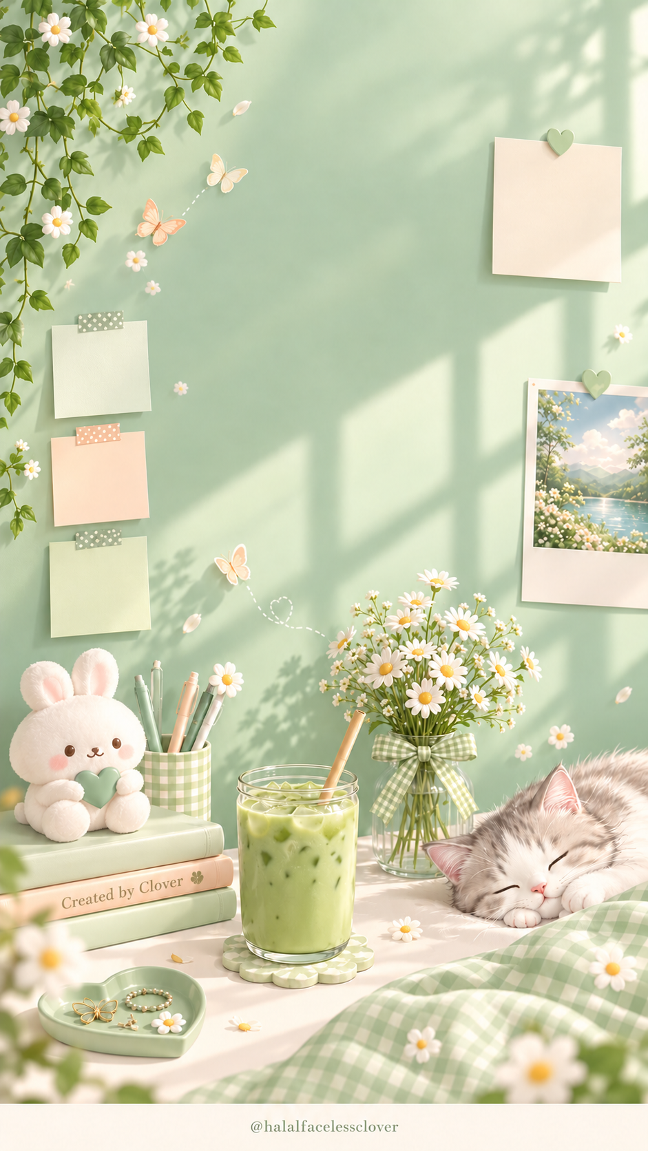 Mint creative desk with daisies and a resting kitten, branded @halalfacelessclover