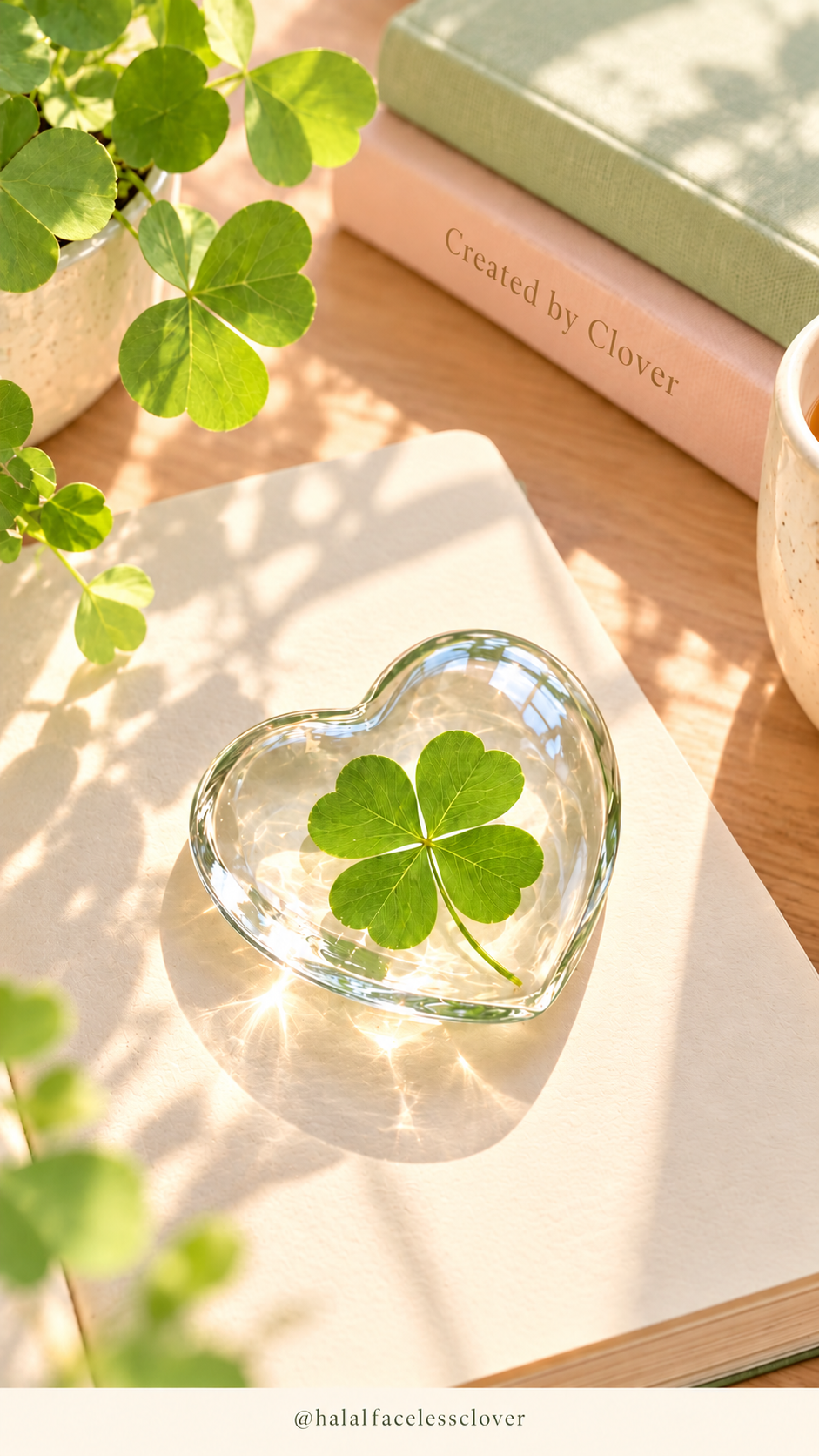 Glass heart with clover on a clean notebook, branded @halalfacelessclover