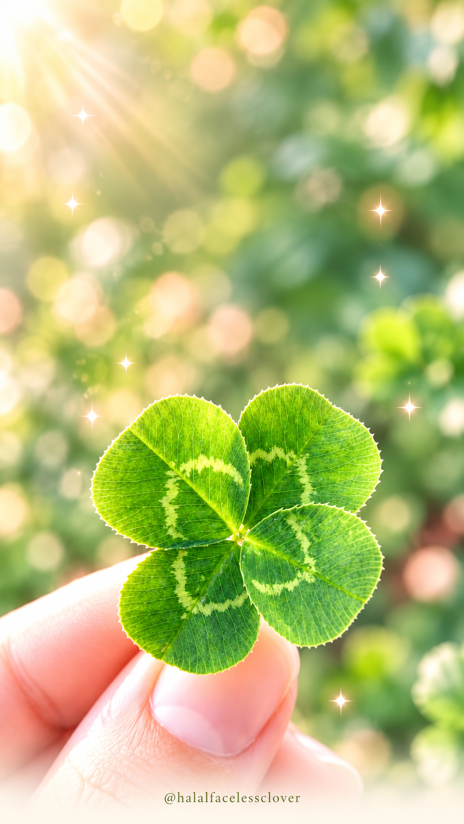 A clover held in warm natural light, branded @halalfacelessclover