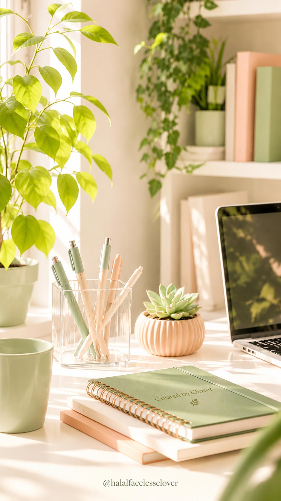 Airy mint workspace with plants and laptop, branded @halalfacelessclover