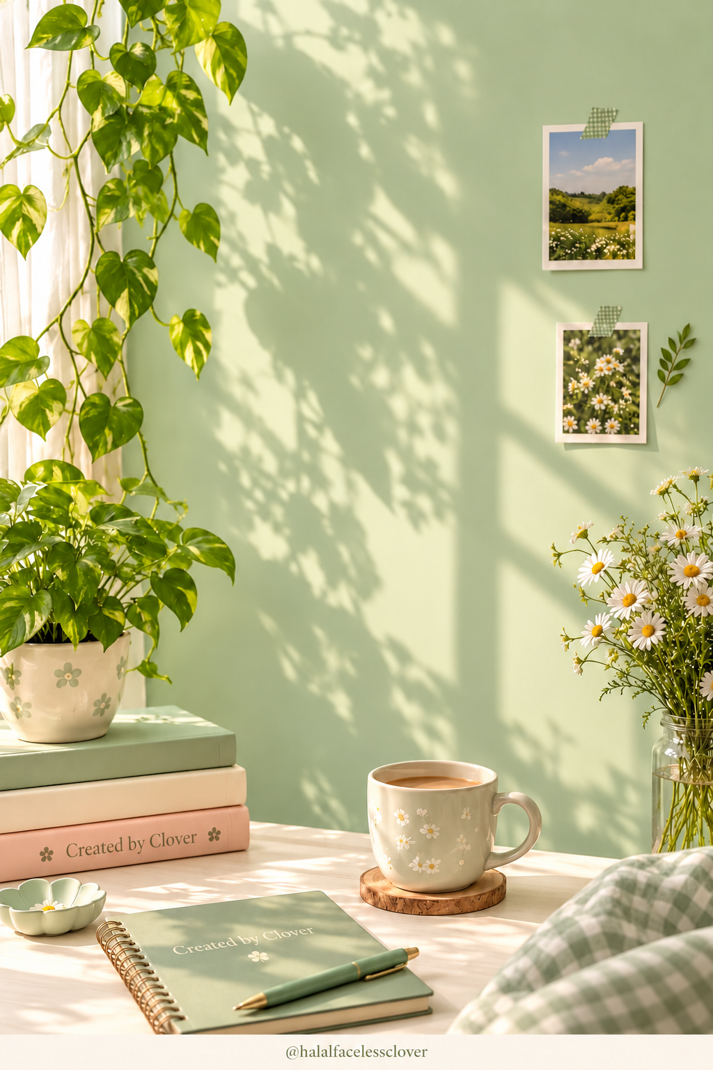 Sunlit mint desk with books and daisies, branded @halalfacelessclover