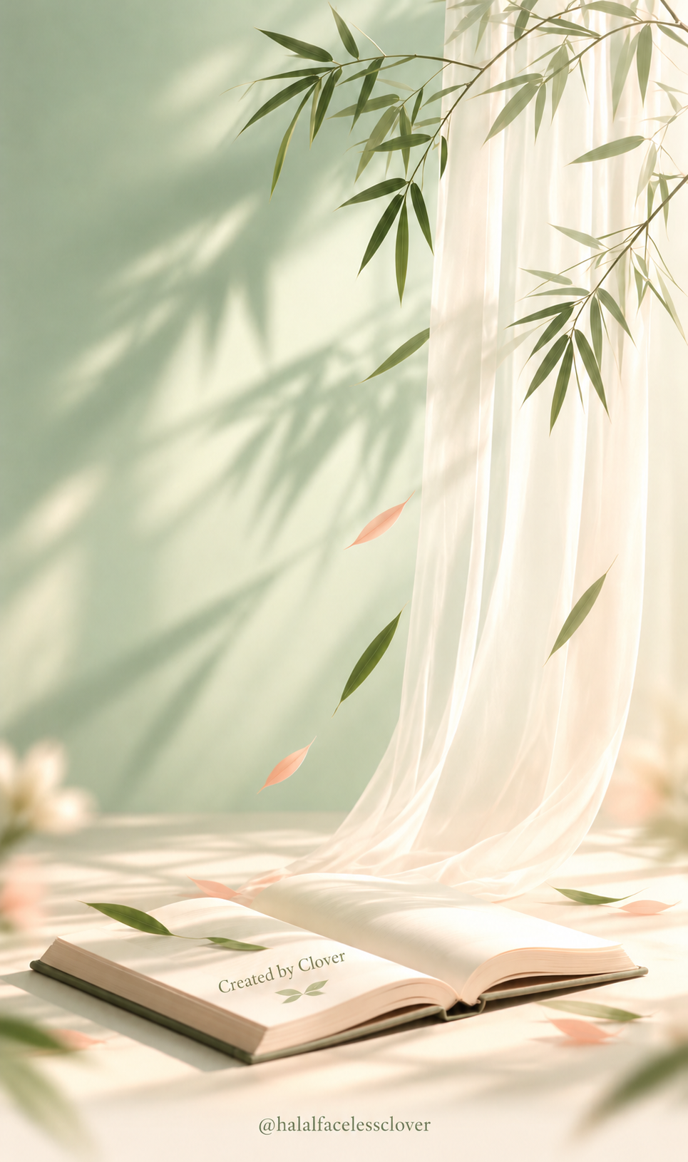 Sheer curtain and open book with botanical shadows, branded @halalfacelessclover